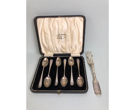 Boxed set of hallmarked rat tail spoons Sheffield by maker Harrison Brothers & Howson and a Georgian Fork maker J H over A H 