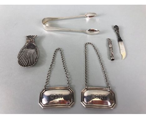 Silver,collection of silver hallmarked items being  sugar tongs decanter labels, pencil, letter opener with MOP blade, and a 