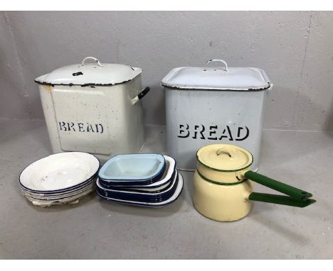 Kitchenalia, quantity of vintage white enamel kitchen items to include  2 bread pins qty of  dishes and  pie tins along with 