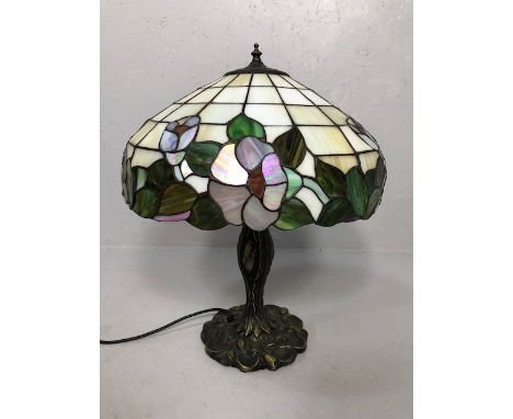 Vintage lighting, Tiffany style table lamp of good proportions, cast metal base of naturalistic form with glass shade approxi