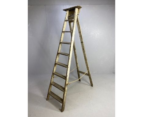 Shop decorative use, large vintage wooden step ladder seven rungs approximately 7ft high