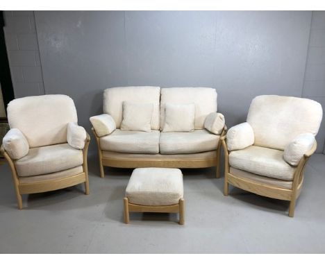Ercol  modern Blonde Ash 2 seater sofa,  2 arm chairs and foot stool cushions upholstered in cream fabric style number 53112,