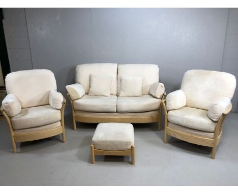 Ercol  modern Blonde Ash 2 seater sofa,  2 arm chairs and foot stool cushions upholstered in cream fabric style number 53112,