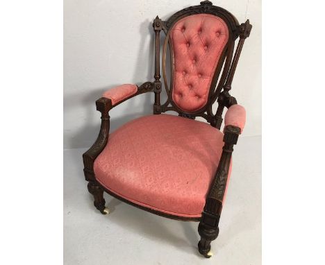 Antique Furniture, 19th century  nursing chair, carved decoration to mahogany frame padded seat and back upholstered in pink 