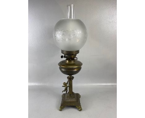 Antique Oil Lamp, Victorian Brass lamp reeded column and cherub base frosted and etched shade approximately 58cm high 