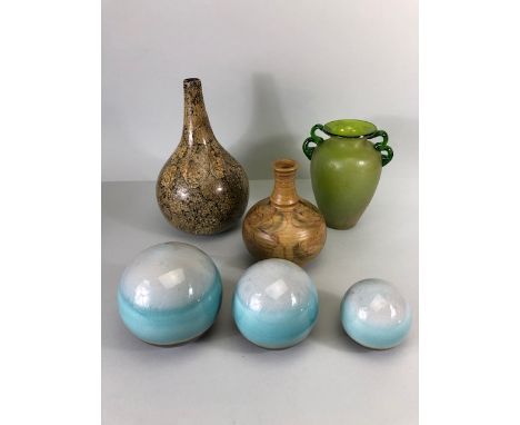 Decorative pottery and glass, Elvington pottery round flask bottle, crackle glaze vase, three graduated pottery spheres and a