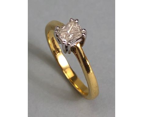 18ct yellow gold hallmarked, cushion cut solitaire diamond ring approximately size M, 3.18g total
