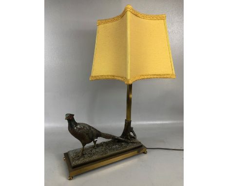 Vintage lighting, 1970s lamp base of a pheasant, cold painted metal and gilt base and original shade approximately 34 x 56cm 