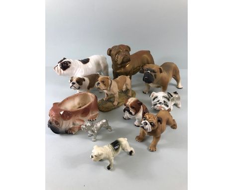 Bull dog figures, collection of vintage collectable bull dogs in various materials ceramic, composite, brass etc 10 in total 