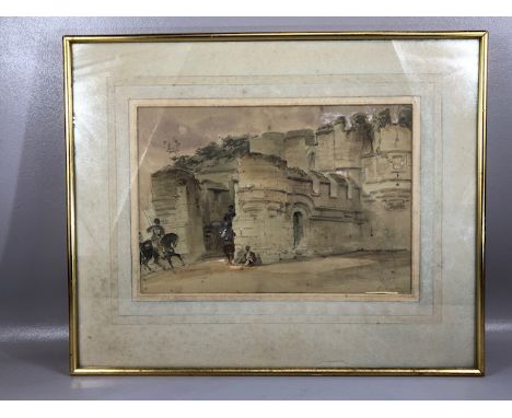 LOUIS HAGHE (Belgian,1806-1885), Group of soldiers, one on horseback, outline sketch of figures in foreground; Watercolour an