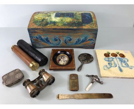 Collection of antique collectables in a modern decorated chest, three draw pocket telescope in case, nickel coin holder, MOP 