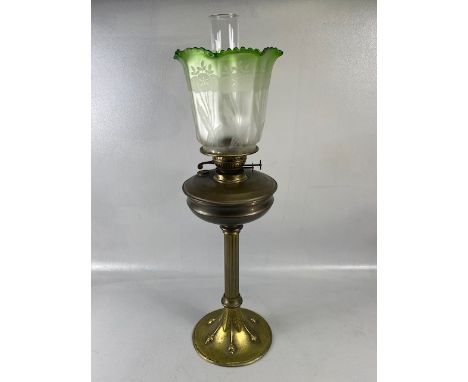 Antique Oil lamp, Victorian Art Nouveau Brass lamp base and reservoir with opaque etched shade (repaired damage to shade gall