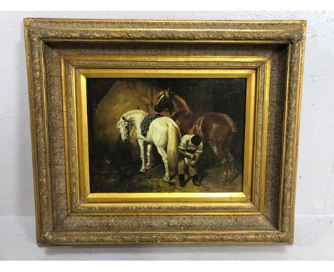 Reproduction oleograph of a farrier shoeing horses in a heavy Gilt frame, approximately 67 x 57cm