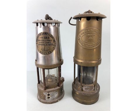 Miners Lamps, one brass, E THOMAS & WILLIAMS Ltd, MAKERS ABERDARE WALES , CAMBRIAN 970, the other brass and white metal, PROT