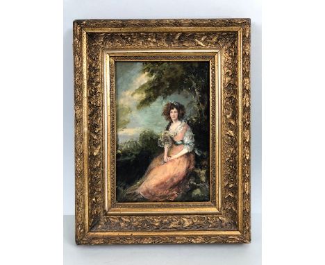 Paintings, 19th century style oil on canvas portrait of a lady sat in a country setting with decorative gilt frame approximat