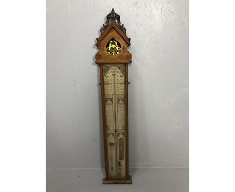 Antique Admiral FitzRoy Barometer in blonde oak gothic style case, A F approximately 120cm in length  