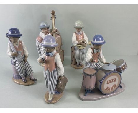 Lladro, collection of china figures from the Jazz collection, 058833, Jaz Sax, 010.05832, Jazz Horn, 05928, Jazz Clarinet, 05