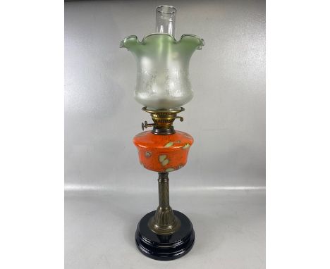 Antique Oil Lamp, Victorian brass lamp base and fittings with unusual art glass reservoir of green and orange mottled design 