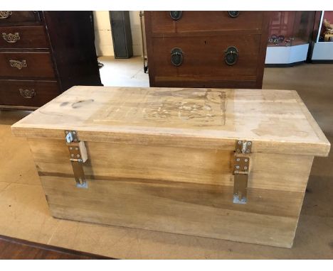 Modern wooden seaman's style trunk or chest with rope handles approximately 95 x 43 x 43 cm