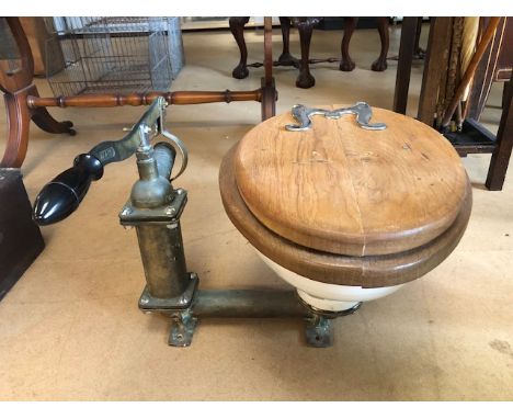 Vintage Blake Victory Marine boat toilet, ceramic basin brass hand pump wooden seat, not tested been used for a display