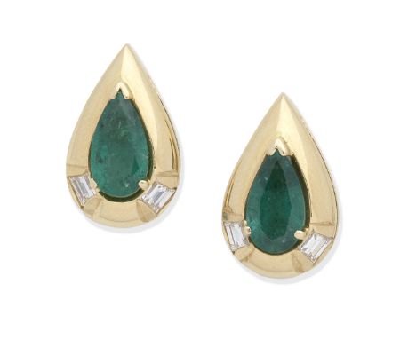 EMERALD AND DIAMOND EARRINGSEach set with pear-shaped emeralds, accented by two trapezoid diamonds,  diamonds approx. 0.45ct 