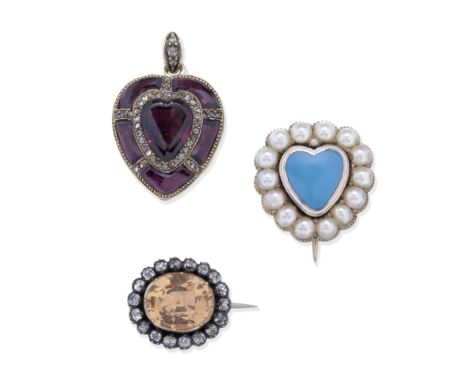 TWO GEM-SET BROOCHES AND A LOCKET PENDANT, 19TH-EARLY 20TH CENTURY1st: The oval-cut orange topaz within a cushion-shaped diam