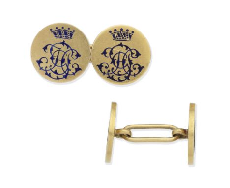 ENAMEL CUFFLINKSDouble sided, each circular plaque applied with the initials JGC beneath a coronet, decorated with blue ename