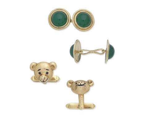 TWO PAIRS OF GEM-SET CUFFLINKS1st: Double-sided, each set with a green chrysoprase cabochon, 2nd: Single-sided, each teddy be