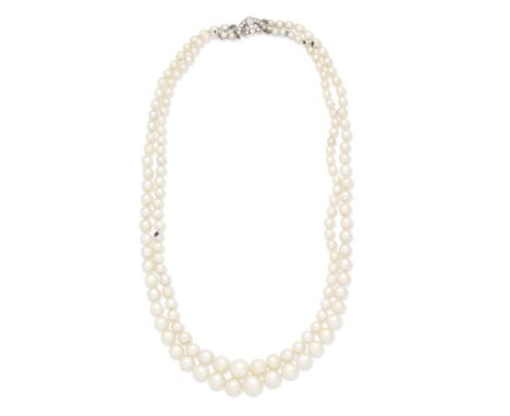 NATURAL AND CULTURED PEARL NECKLACEThe two rows of 3.3-8.8mm natural and cultured pearls on an old brilliant and square-cut d