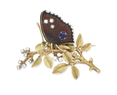 GEM-SET AND ENAMEL BUTTERFLY BROOCHThe butterfly wings decorated with polychrome enamel and set with a circular-cut sapphire 