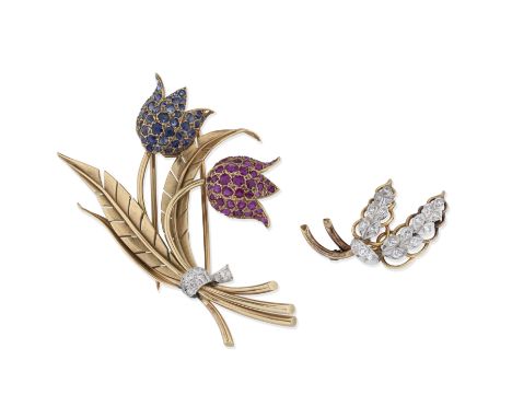 RUBY, SAPPHIRE AND DIAMOND FLORAL SPRAY BROOCH AND DIAMOND LEAF BROOCH, MID 20TH CENTURY1st: Each tulip set with circular-cut