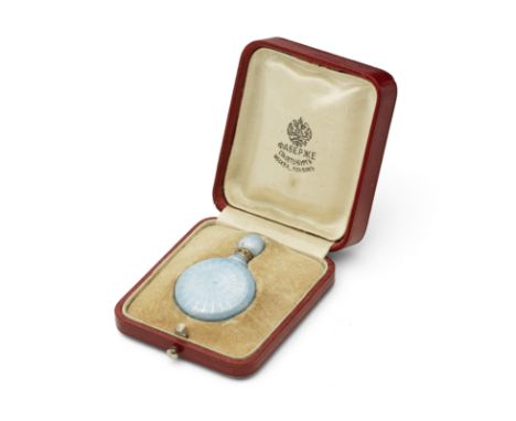 FABERGÉ: ENAMEL MINIATURE PERFUME BOTTLE, CIRCA 1900The bottle decorated with light blue guilloche enamel over sunburst engin
