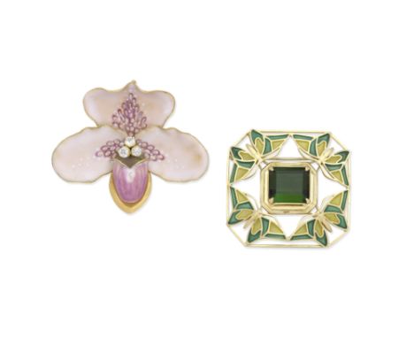 ANN SMITH: ENAMEL AND DIAMOND PENDANT AND ENAMEL AND TOURMALINE BROOCH, 19931st: Designed as an orchid, decorated with variou