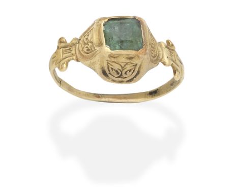 EMERALD RENAISSANCE REVIVAL RING, 19TH CENTURYSet with an octagonal-cut emerald within a closed back setting, the gallery, sh