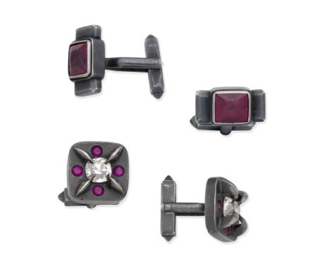 DIAMOND AND RUBY CUFFLINKS; SYNTHETIC RUBY CUFFLINKS1st: Single-sided, each set with a cushion-shaped diamond and circular-cu