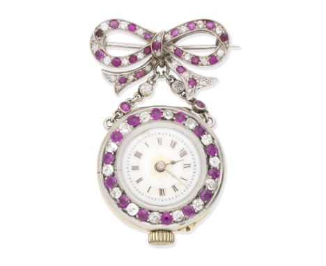 RUBY AND DIAMOND FOB WATCH/BROOCH, LATE 19TH - EARLY 20TH CENTURYThe circular dial with Arabic numerals, within a surround of
