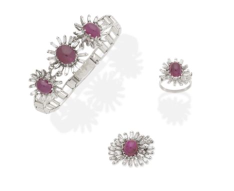 RUBY AND DIAMOND BRACELET, RING AND BROOCH SUITEThe bracelet set with three ruby cabochons, each within baguette-cut diamond 