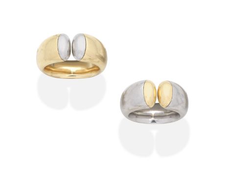 TWO RINGSBicoloured, each of torque design, ring sizes approx. T½ and Q (2)Footnotes:Please note this lot has VAT at the prev