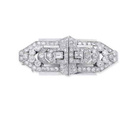 DIAMOND DOUBLE-CLIP BROOCH, CIRCA 1930Of geometric openwork design, set with old brilliant, single and baguette-cut diamonds,