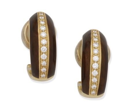 FABERGÉ: ENAMEL AND DIAMOND-SET EARRINGSEach decorated with brown guilloché enamel with a central row of brilliant-cut diamon