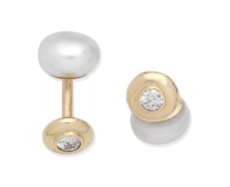 CULTURED PEARL AND DIAMOND CUFFLINKSDouble-sided, each set with a 12.9-13.7mm cultured button pearl, and an old brilliant-cut