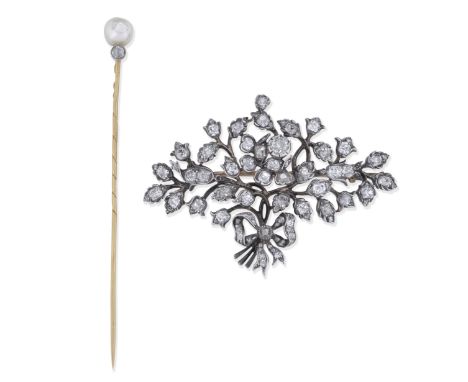 DIAMOND BROOCH AND PEARL AND DIAMOND STICKPIN, 19TH CENTURY1st: Of floral bouquet design, set throughout with cushion, single
