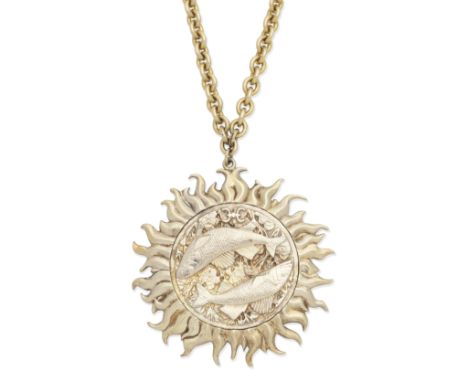 STUART DEVLIN:  SILVER-GILT 'PISCES' PENDANT/NECKLACE, 1978The pair of circling fish within a flaming surround, mounted in si