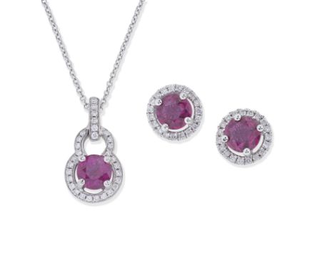 RUBY AND DIAMOND-SET PENDANT/NECKLACE EARRINGSThe pendant set with a circular-cut ruby, within a brilliant-cut diamond halo b