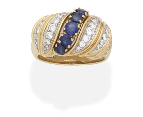 TIFFANY: SAPPHIRE AND DIAMOND RINGOf bombé design, set with circular-cut blue sapphires and brilliant-cut diamonds, diamonds 