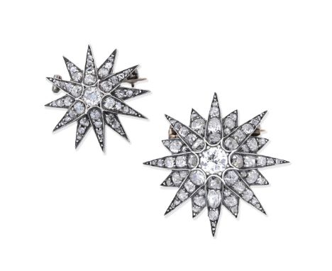 TWO DIAMOND STAR BROOCHES,  CIRCA 1890Each of starburst design, set throughout with cushion-shaped and rose-cut diamonds, mou