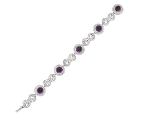 AMETHYST, DIAMOND AND ENAMEL BRACELETThe links of target design, set with an amethyst cabochon within an old brilliant-cut di