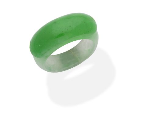 JADE SADDLE RINGDesigned of carved jade, the green hue graduating in saturation towards the ring head, ring size K ½, casedFo