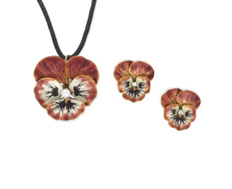 ENAMEL AND DIAMOND PANSY BROOCH/PENDANT AND EARRINGS SUITE, CIRCA 1890-1900The petals decorated with iridescent pinkish red t