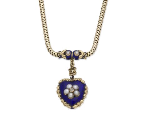ENAMEL AND SEED PEARL NECKLACE, CIRCA 1865The heart-shaped pendant decorated with blue enamel and an applied half-pearl and c